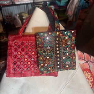 Embroidered Red and Multicolor Tote Bag both Vintage.